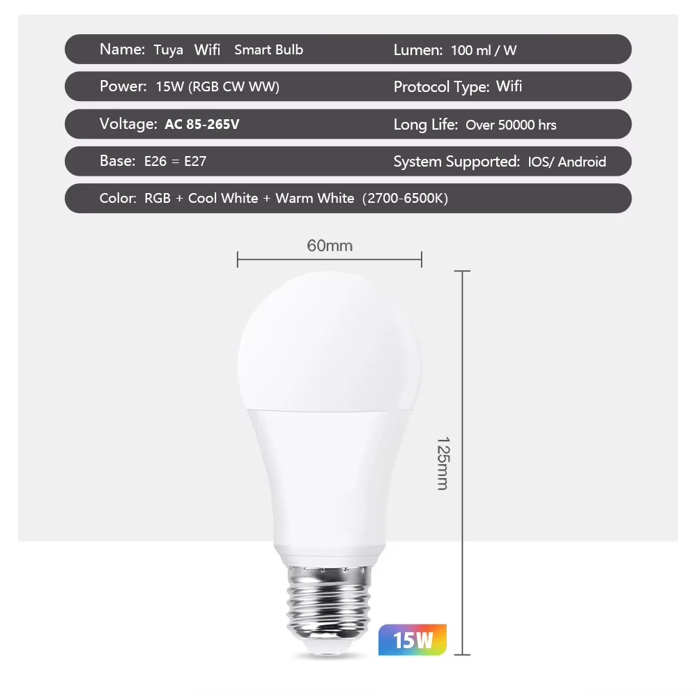 15W WiFi Smart Led Light Bulb E27 LED RGBCW Smart Bulb Voice Control Via Google Home Tuya Smart Life App Alexa RGB Lamp 110-220V