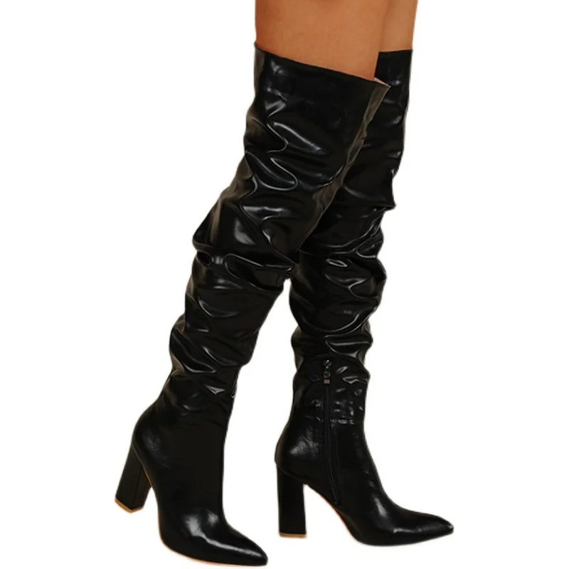 

Women White Ruched Over The Knee Boots Pointed Toe Block Heel Thigh High Boots Side Zipper Leather Fashion Party Club Long Shoes