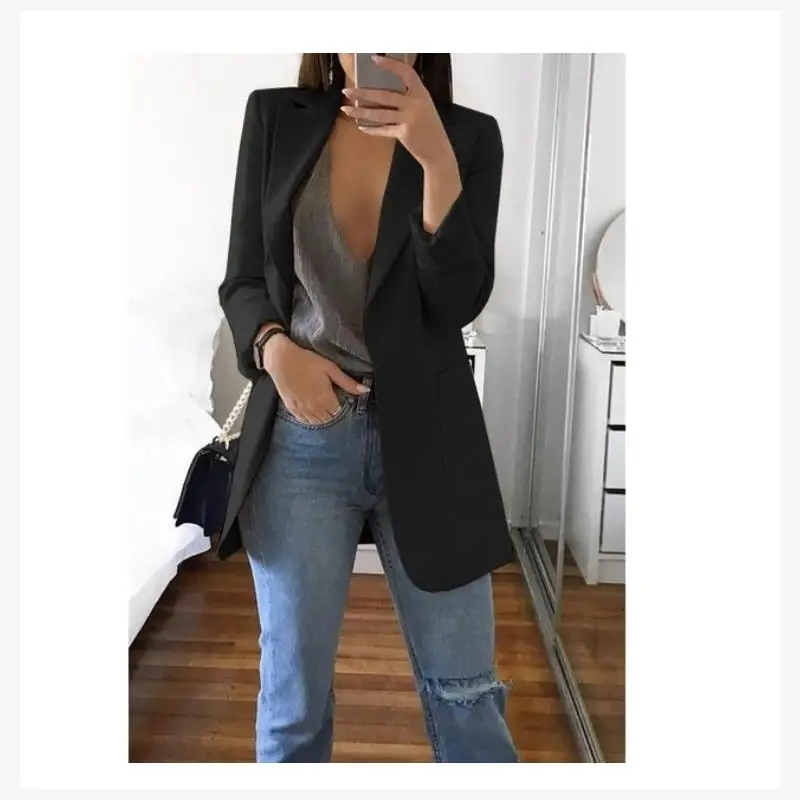 Women's Faion Casual  Suit Jaet Coat Outwear Straight  Knot Thiened Long Sve Ultra-ort Single Button