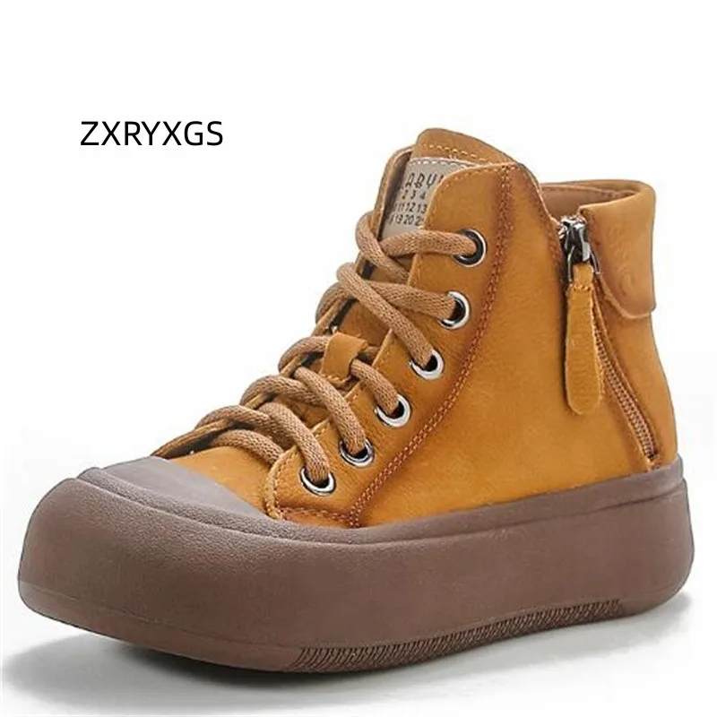 ZXRYXGS 2023 English Style Premium 100% Real Leather Boots Single Flat Platform Heightening Shoes Trend Temperament Ankle Boots