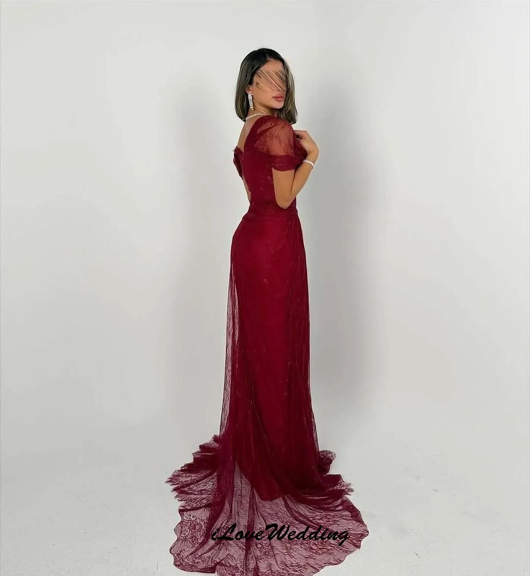 Elegant Red Lace Prom Dresses 2025 V-Neck Wedding Party Dress For Women Guest Formal Gowns Short Sleeve Evening Dress Customized