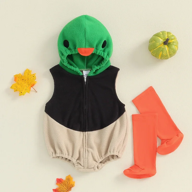 Cute Baby Duck Costume Sleeveless Hooded Zipper Closure Romper with Leg Warmers Halloween Christmas Cosplay Costume
