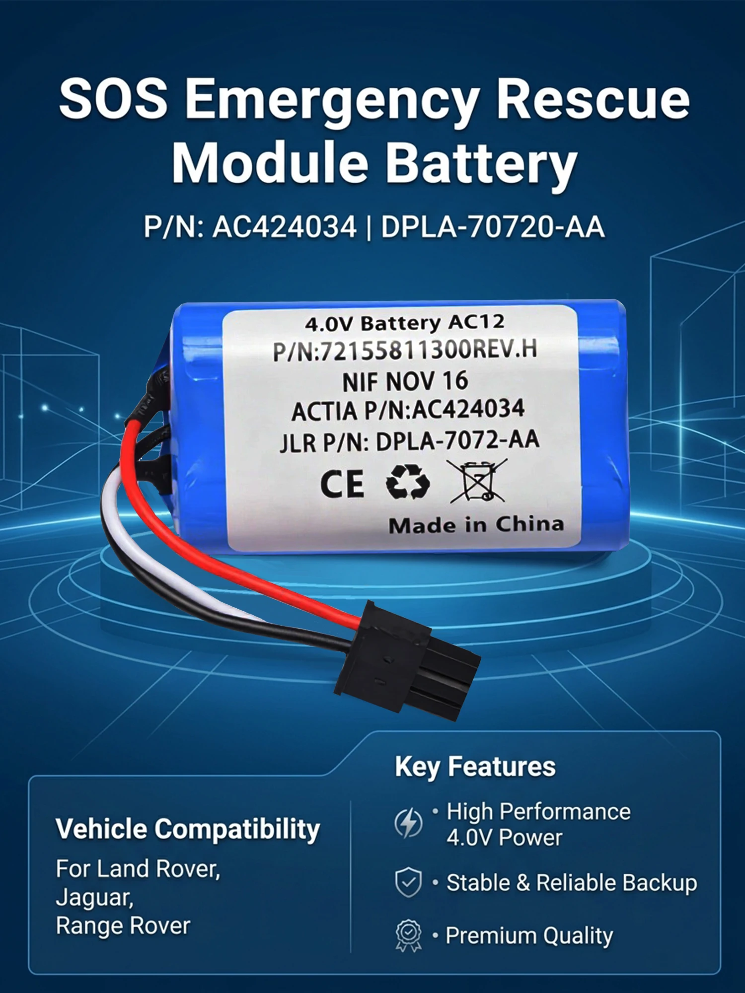4.0V AC12 SOS Emergency Battery For Range Rover 2014-2017 VCM Gateway Replacement  AC424034 LR046049 LR112188 T4N2591