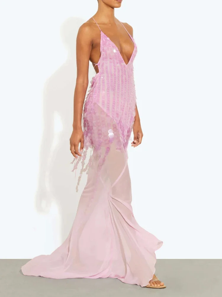 Backless Sequins Patchwork Simple Party Dress, Women Summer Solid Deep V Neck Maxi Dress, New Lacing Up Ladies Dresses Vestidos