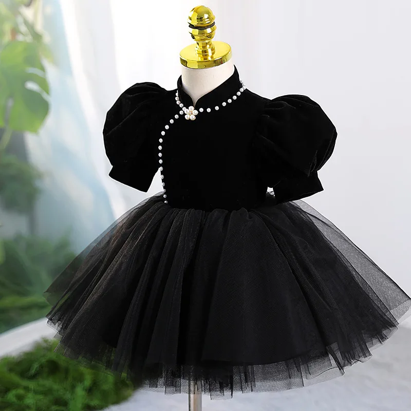 Girls' Black Evening Dress French Style Light Luxury Niche Children's Birthday Princess Dress Host Piano Performance Puffy Tulle