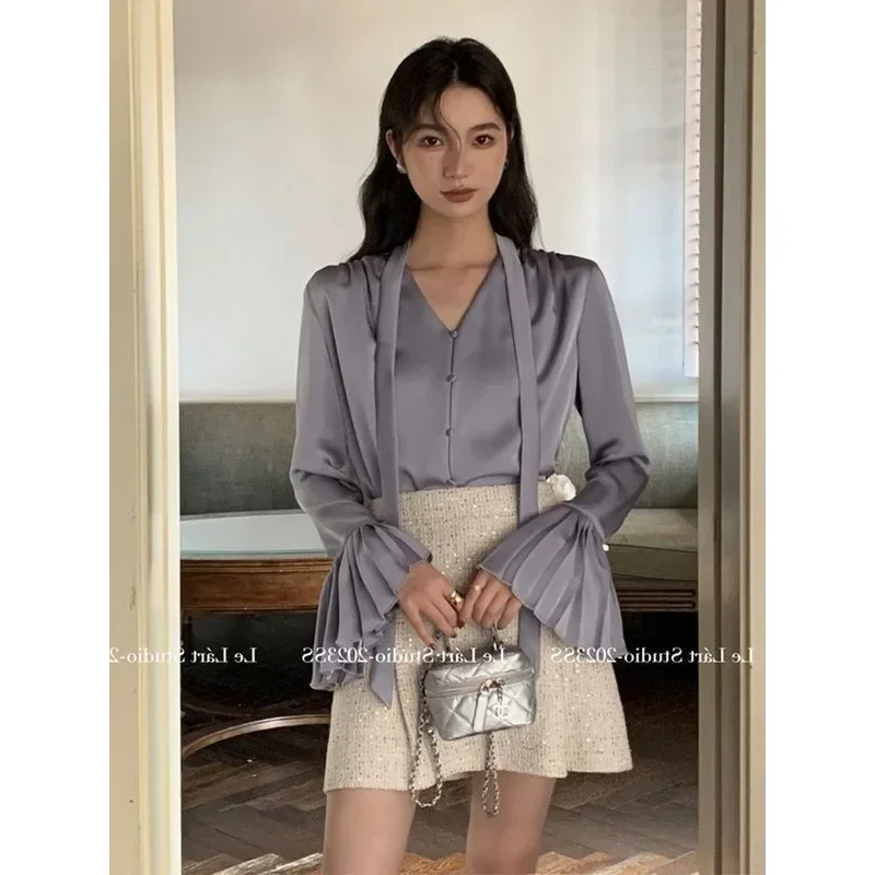 QWEEK Korean Style Luxury Solid Shirts Flared Sleeve Elegant and Youthful Minimalist Blouses Oversized Women's Clothing Autumn