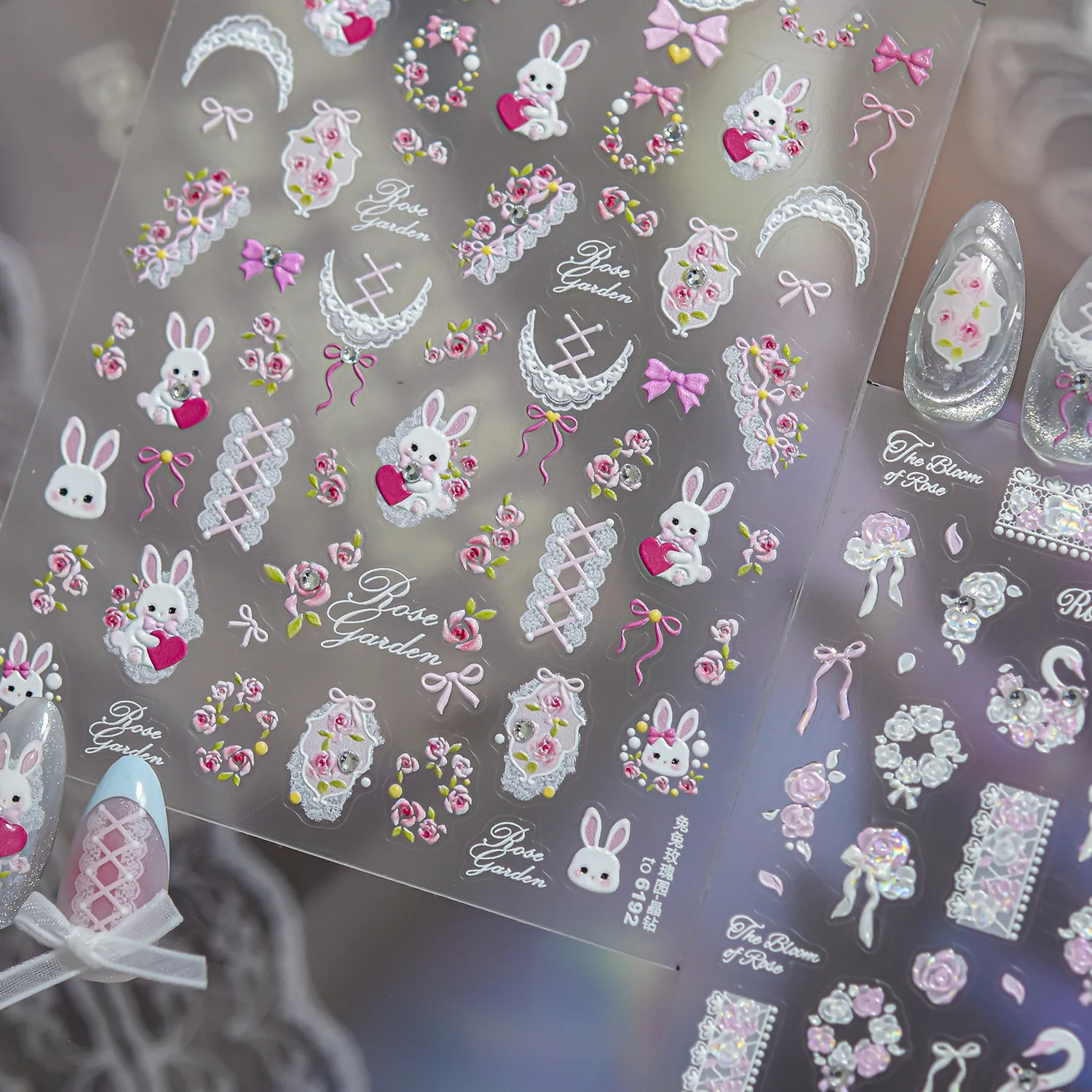 Cute White Rabbit Heart Pink Rose Cluster Lace Edge Bowknot Corset Rose Lace 5D Self Adhesive Nail Stickers Nail Art Manicure