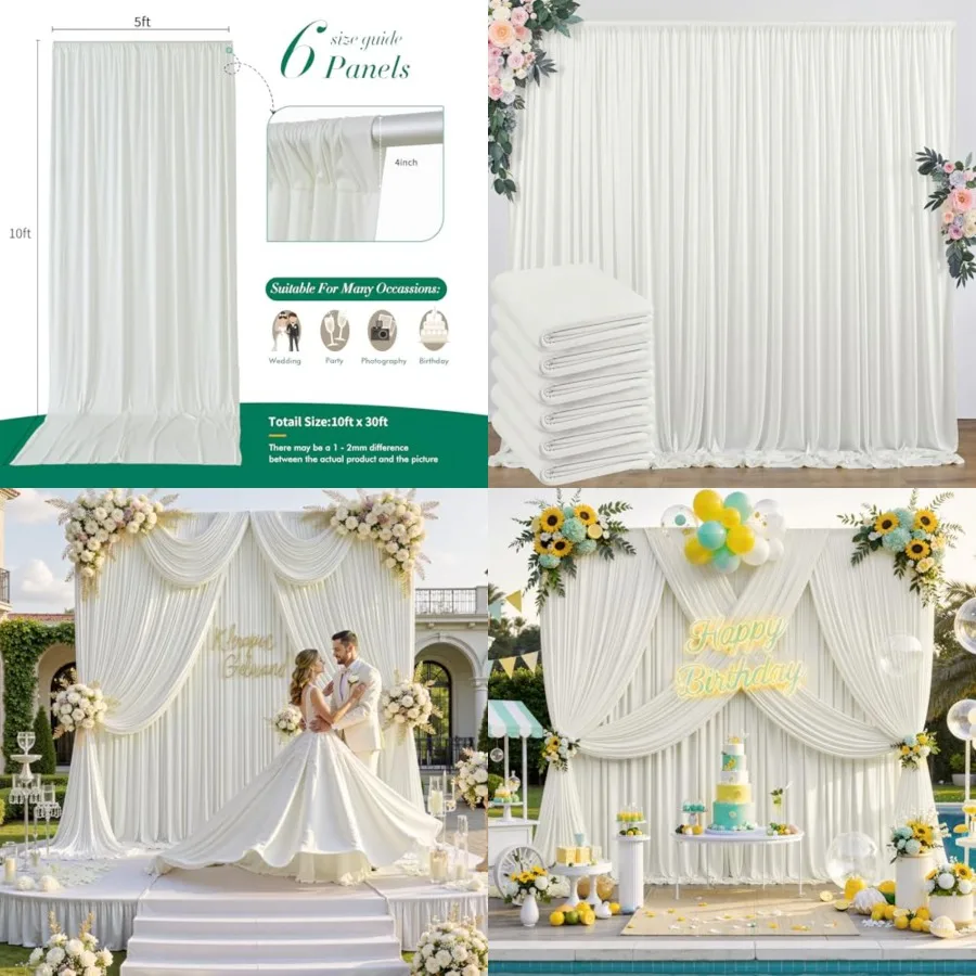 

30 ft x 10 ft Wrinkle Free Ivory Backdrop Curtain for Wedding Parties, Polyester Ivory Photo Backdrop Drapes 6 Panels 5x10ft for Baby Shower Photoshoot Engagement Birthday Party Photography Background
