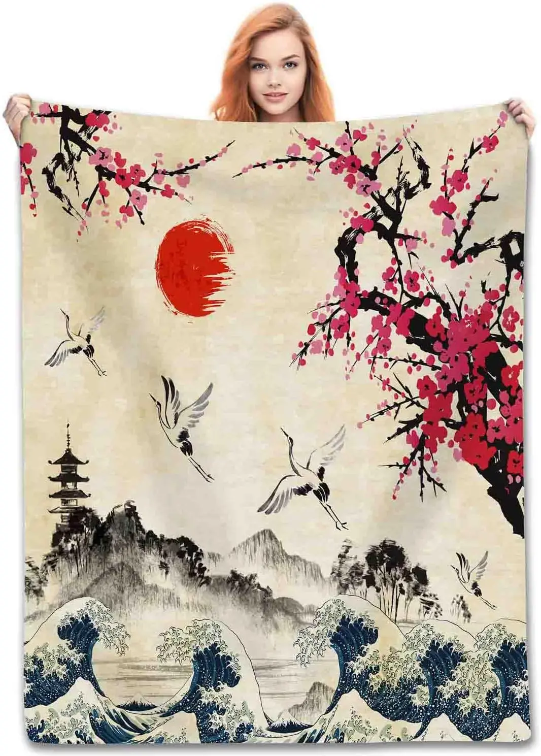 Vintage Beige Japanese Plum Crane Red Sun Wave Pagoda Flannel Throw Blanket Soft Warm Cover for Sofa Bed Oriental Bedroom Decor