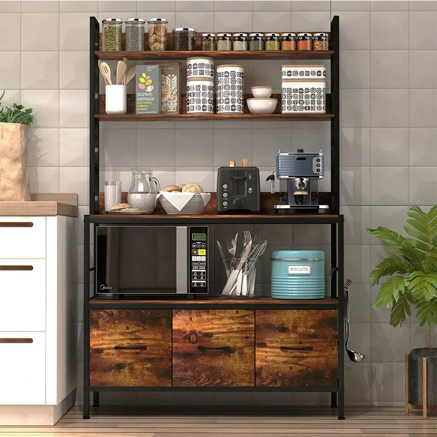 Kitchen Bakers Rack With 3 Baskets,5-Tier Free Standing Kitchen Storage Shelf Rack,Industrial Microwave Oven Stand,Metal Kitchen Organizer Rack With Hooks,Coffee Bar Station,Kitchen Furniture,Brown/Black