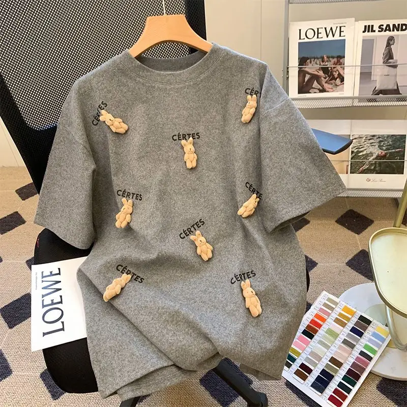 

Outlet Special Price Grey Thickened Grey Heavy Industry Bear Short-sleeved T-shirt for Women's Trendy New Spring Style