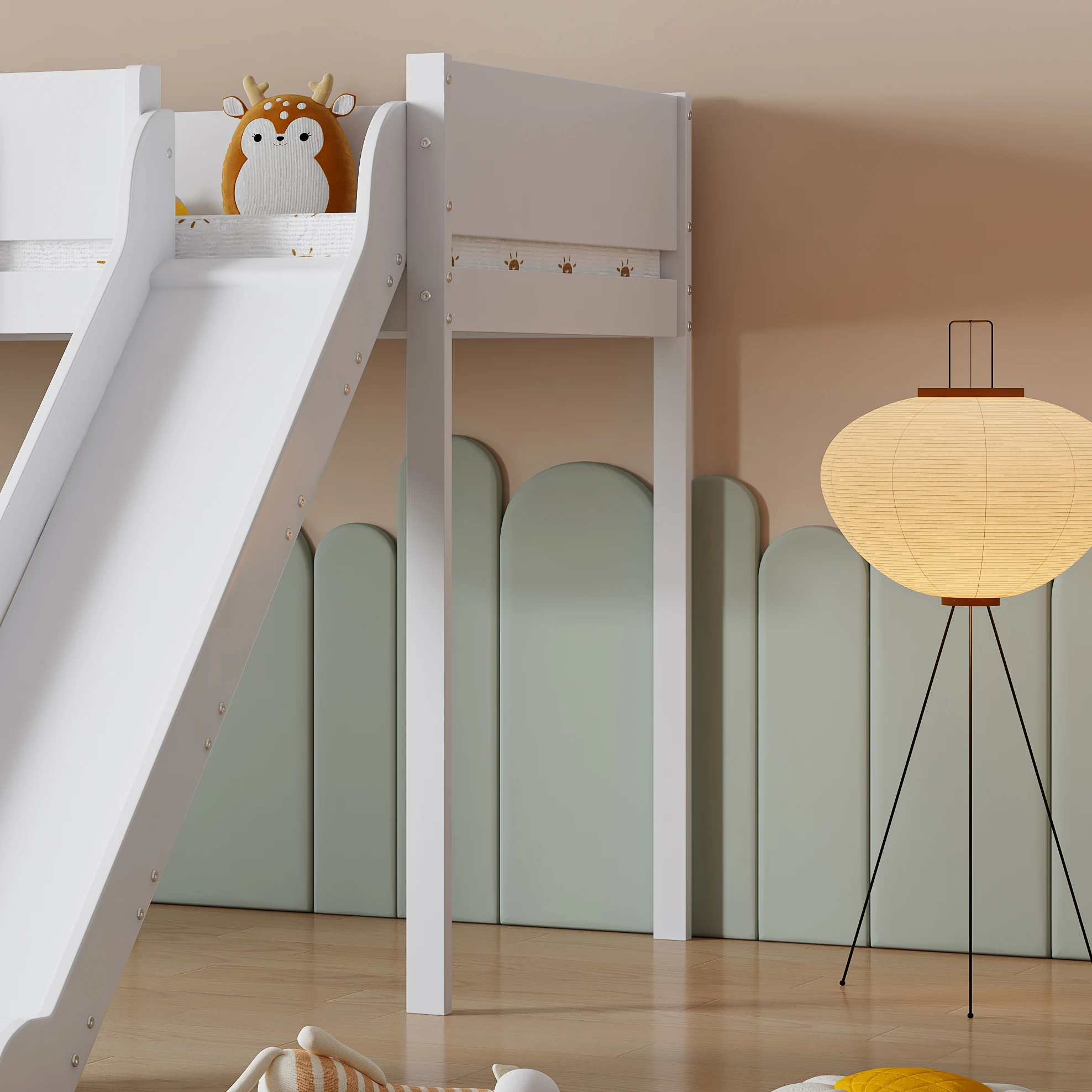 PINGGO Hochbett für Kinder mit Rutsche, 3-stufige Leiter, abnehmbares Regal, Kiefer MDF, Weiß Natur, 90x200cm, ohne Matratze – Detail 2
