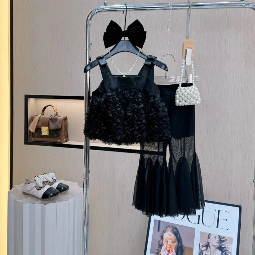 90-160cm Girls' Summer Clothing Set Fashion New Children's Strap Top+Lace Flared Pants Two Piece Set