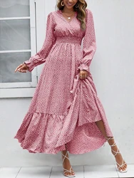 Przedsionek kobiety ubierają nadruk w kropki z długim rękawem sukienki Midi elegancka moda z dekoltem w szpic sukienka a-line Boho falbana spódnica jesienna lato