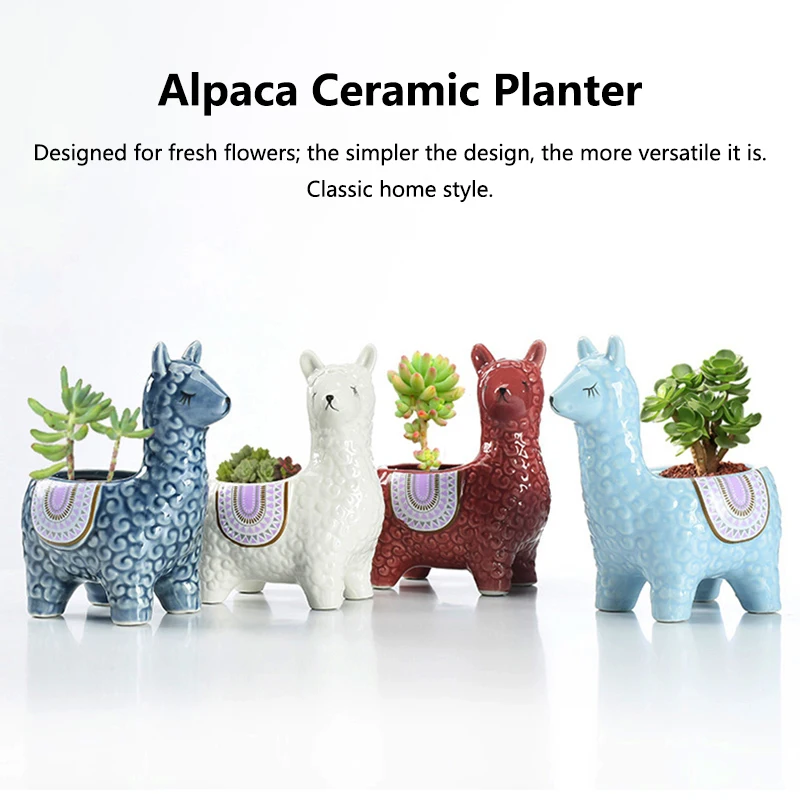 Funny Cartoon Alpaca Succulent Planter, Quirky Ceramic Animal Flower Pot for Desk Shelf, Mini Cactus Home Decor