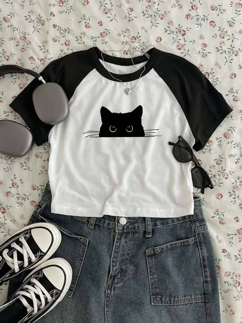 Camiseta Sexy recortada cómoda con estampado de gato, Top corto de manga corta con cuello redondo para mujer, ropa informal de primavera y verano