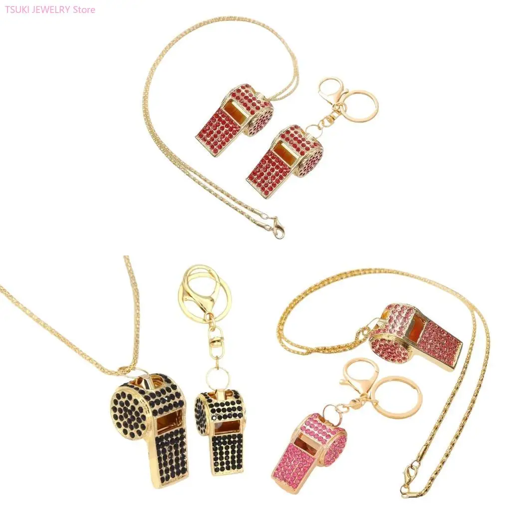

62KE Sparkling Rhinestoned Car Accessory Keychain Necklace 2 Piece Set for Women Lady