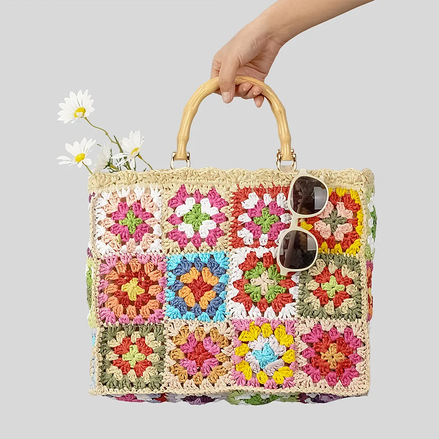 Bohemian Granny Square Staw Handbags Casual Paper Woven Bamboo Handle Women Hand Bags Handmade Summe Beach Bag Large Tote Purse