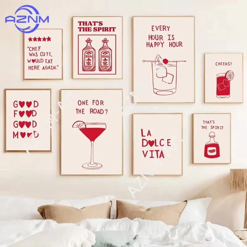 1 Stück Minimalistisches Küchen-Kunstposter Rotes Cocktail-Trinkmotiv Herz Rote Zitate Leinwanddruck Heim-Küchen-Wohnzimmer-Deko