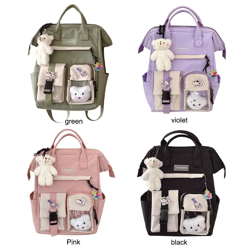 Nylon Travel Backpack Large Capacity Fashion Women Work Bookbags Casual Zipper Preppy Style Casual Backpack Cute with Badge Bear