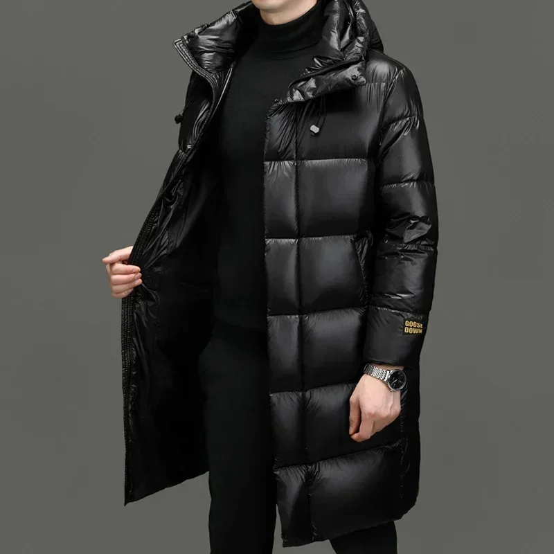 Men's Winter Down Jacket Goose Hooded Black and Gold Mid-length Coat Thick Warm Casual Clothing Waterproof Top Jack