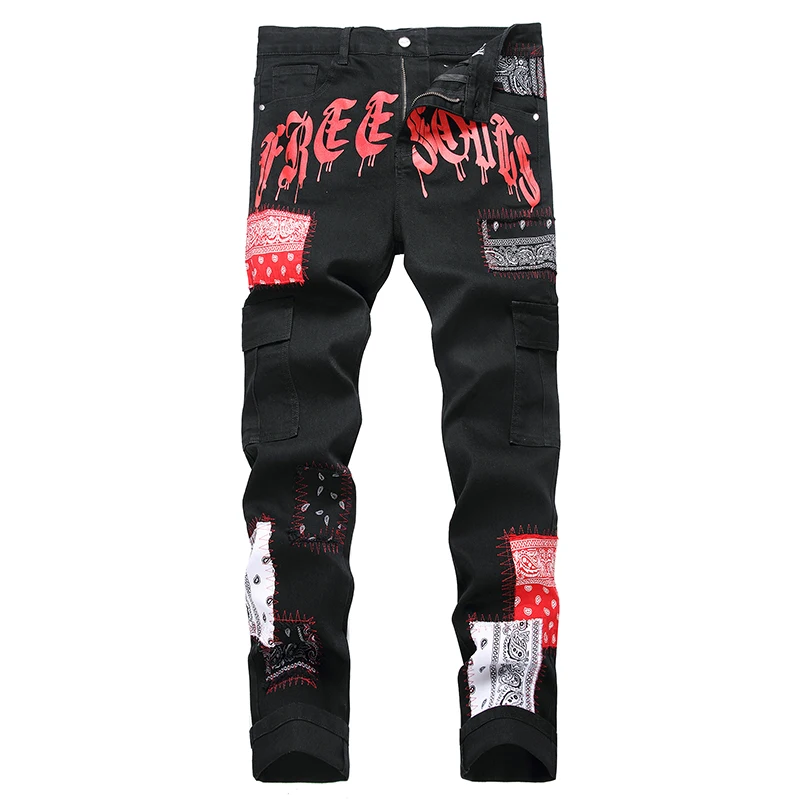 2023 New Men\'s Patchwork Black Jeans Men Printed Straight Slim Casual Denim Pants Autumn Streetwear Hip Hop Jean Homme