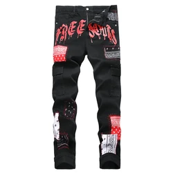 2023 New Men's Patchwork Black Jeans Men Printed Straight Slim Casual Denim Pants Autumn Streetwear Hip Hop Jean Homme