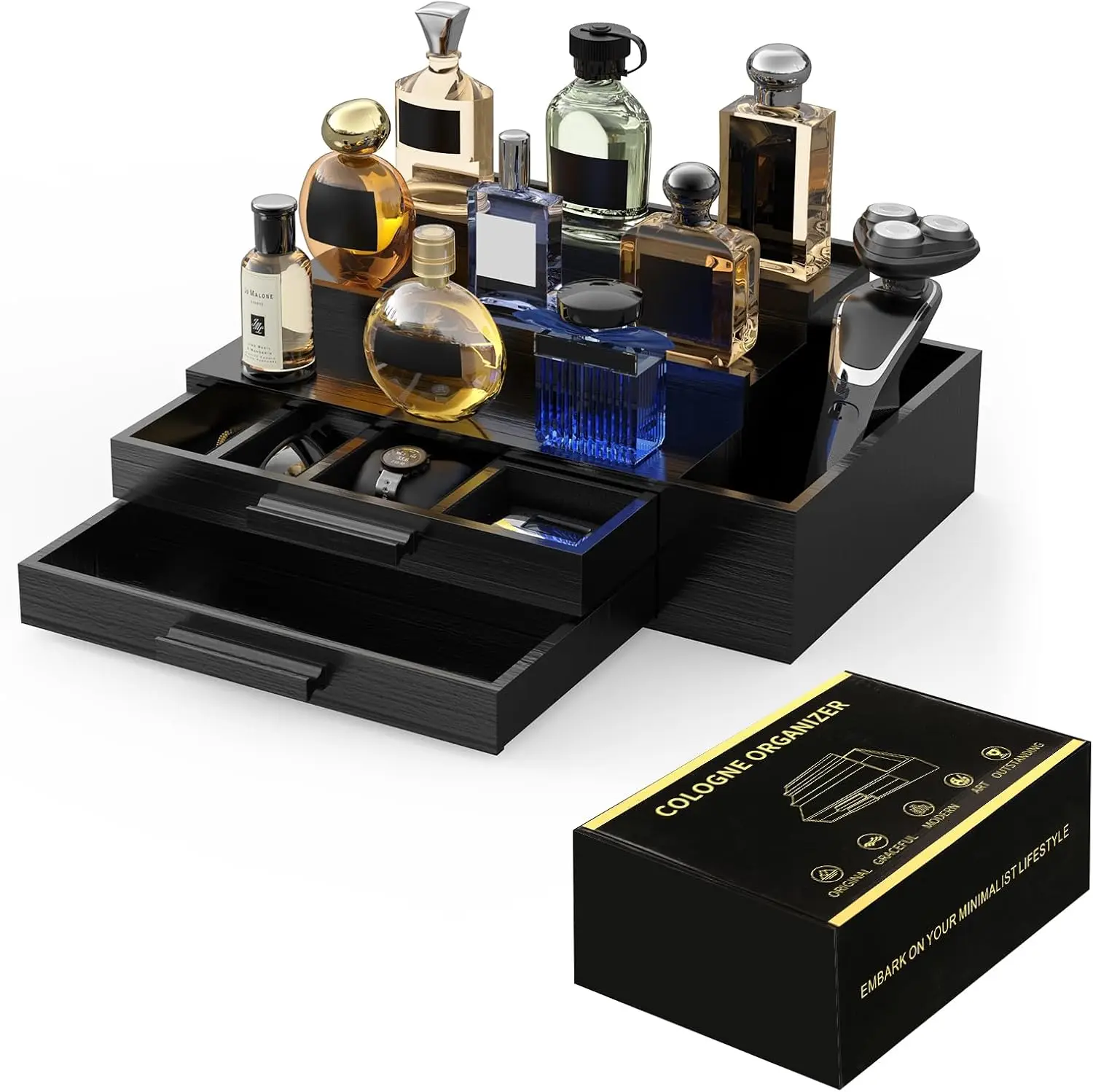 

3-Tier Wood Cologne Stand with Drawers & Side Storage, Black Perfume Organizer for Men – Great Gift