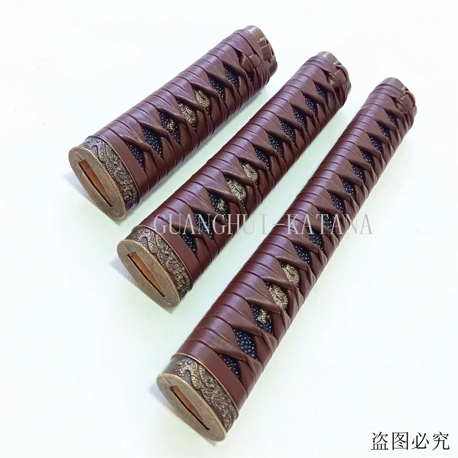 15CM*20CM*26CM Set Brown leather Handle For Japanese Samurai Sword Kirsite Tsuka/Fuchi Kashira Katana/Wakizashi DIY Fitting