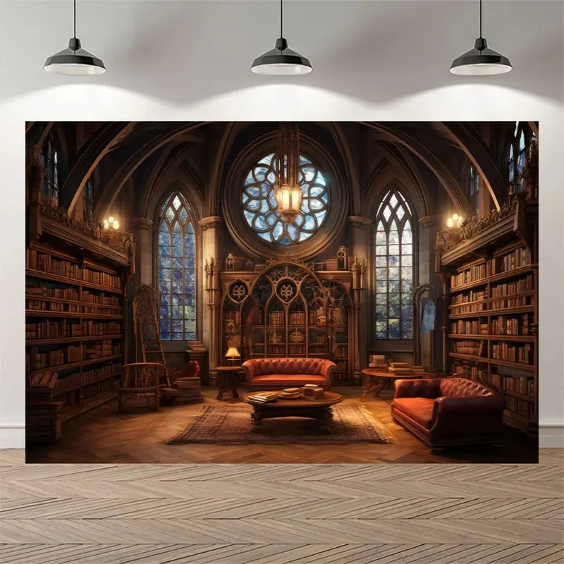 Retro European Magic Academy Bookshelf Photography Background Childrens Boy Birthday Party Library Banner