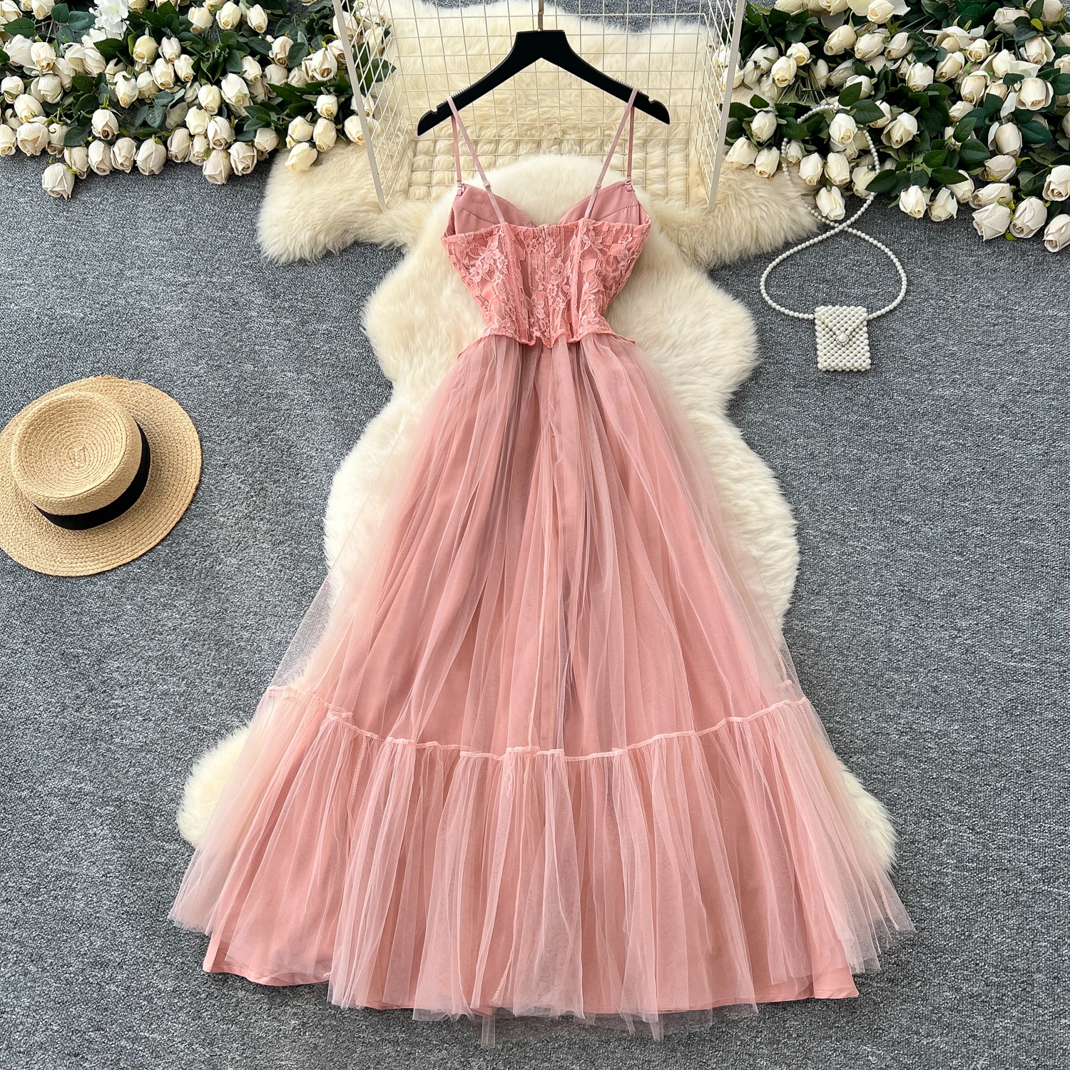 シックなヴィンテージノースリーブメッシュエレガントな妖精韓国ファッション自由奔放に生きるサンドレス女性服ロングドレス