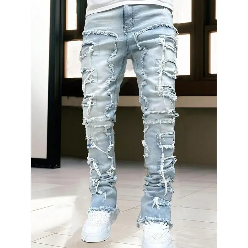 plus Size Men's Black Denim Pants with Creative Tassel Low Waist Zipper Fly Resistant to Deformation Summer 2025 Neutral Style