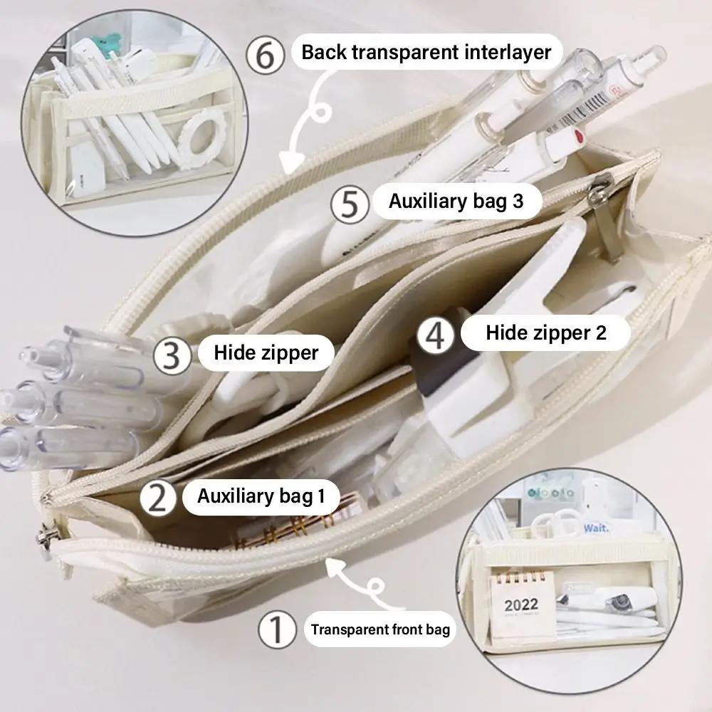 Learning Supplies Transparent Large Capacity Six Layer Pen Bag Stationery Organizer Pen Case Pencil Box