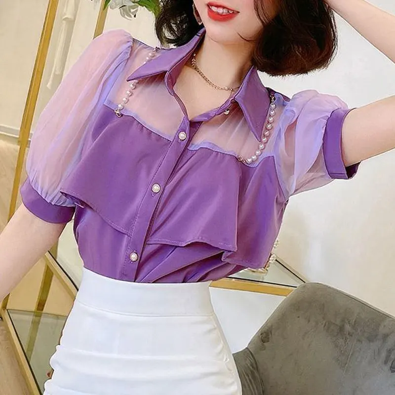 Sweet Solid Color Patchwork Shirt Summer Female Single-breasted Elegant Ruffles Chic Pearl Chain Fashion Polo-Neck Blouse 2023