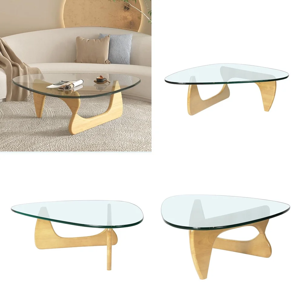 طاولة قهوة مثلثة مع سطح زجاجي وقاعدة من الخشب الصلب وتصميم مستوحى من Noguchi #1