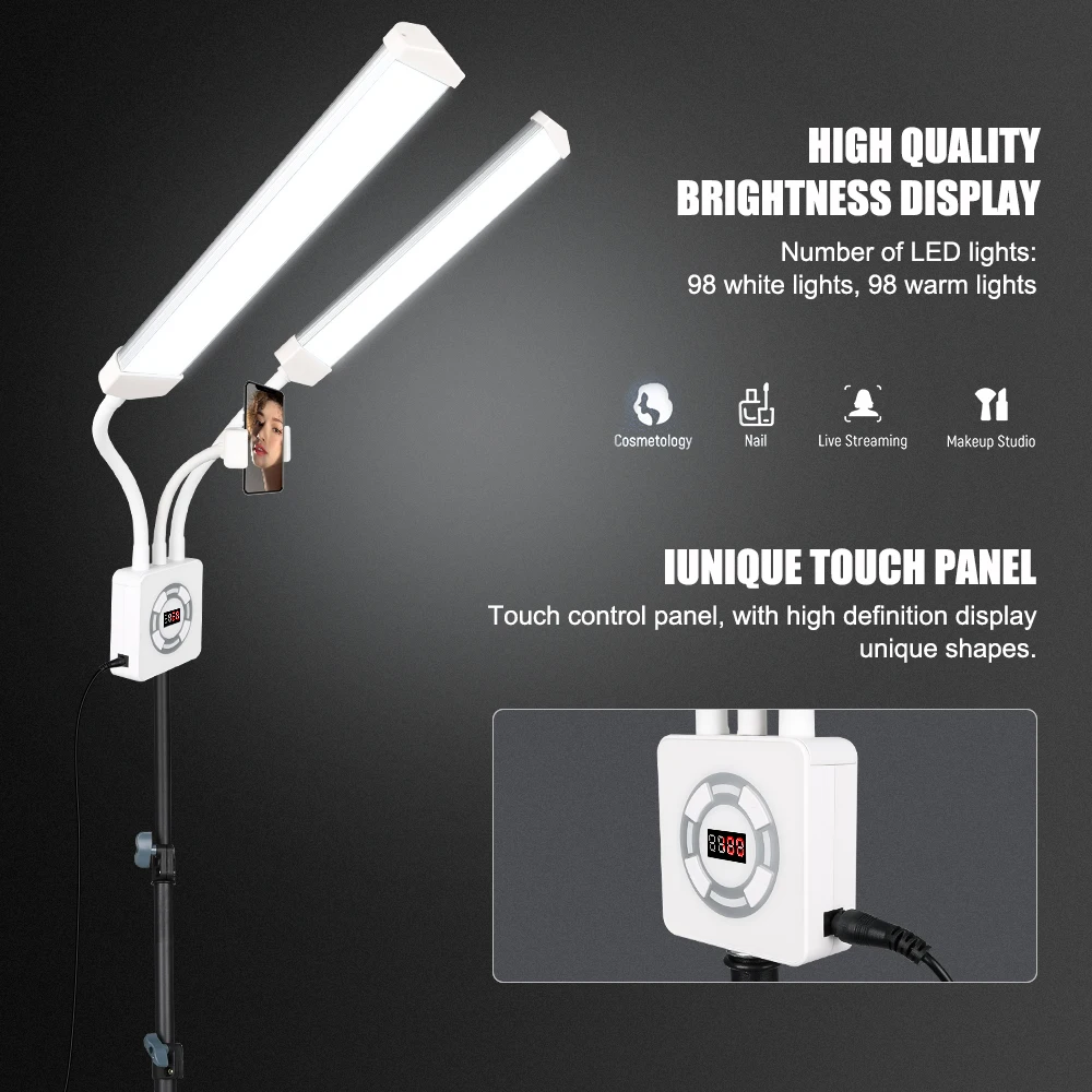 HDSNH LED Video Light 40W Double Arms Beauty Light with Phone Holders Adjustable Tripod Dimmable 3200-5600K for Makeup Manicure