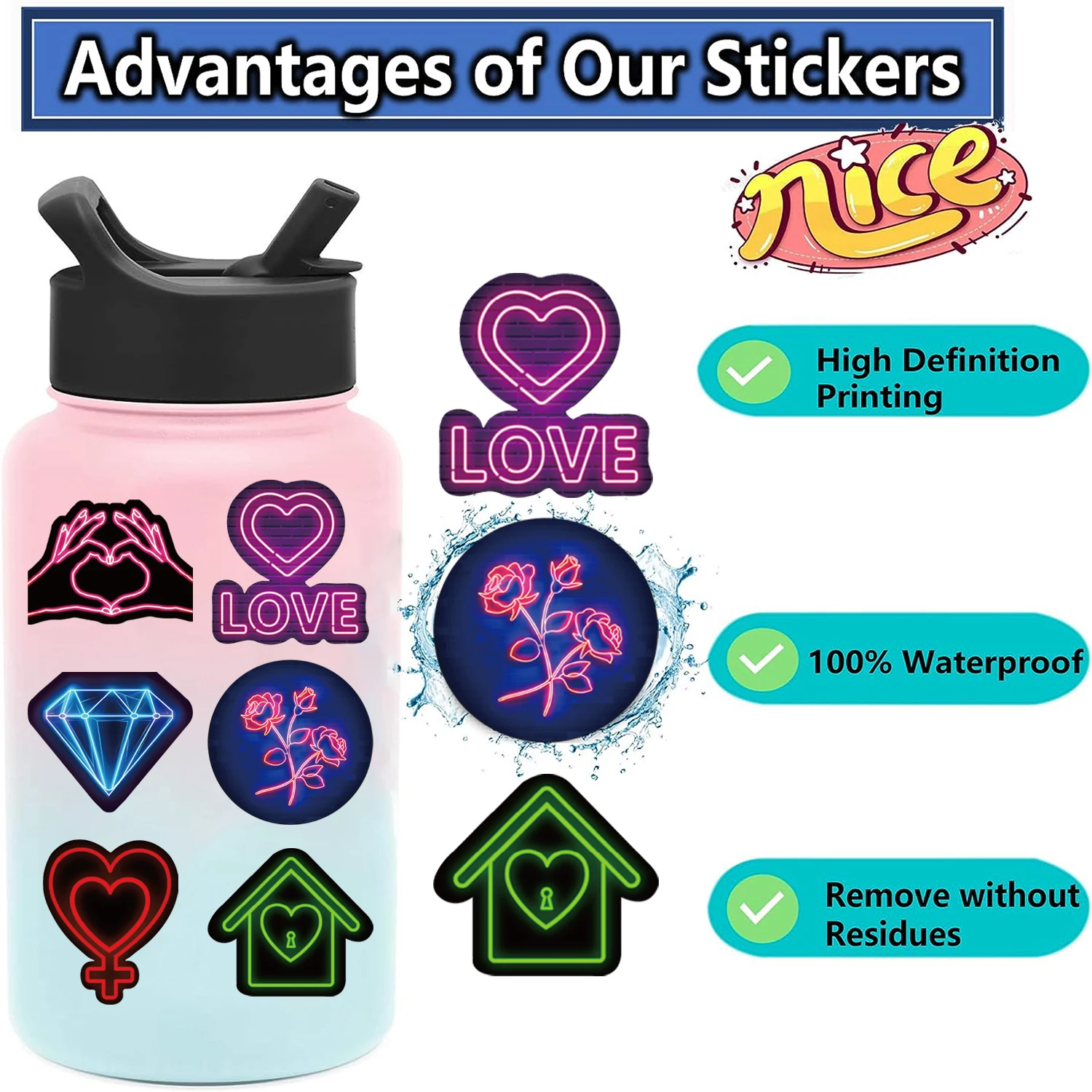 64PCS Cool Neon Light Stickers Trendy Graffiti Waterproof Vinyl Neon Stickers Pack for Phone Creative Decoration DIY Toys