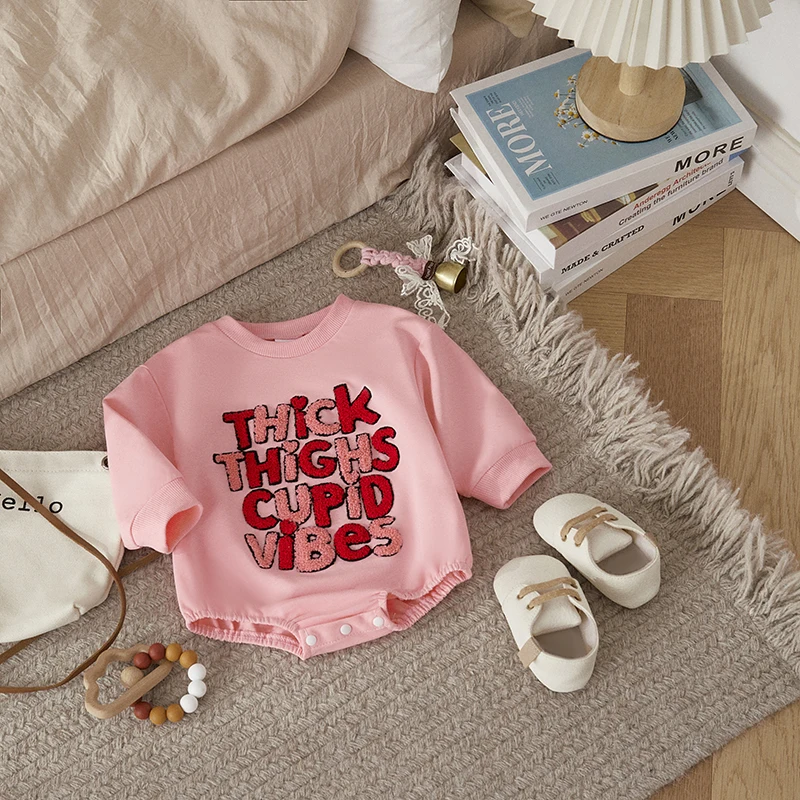 Listenwind Baby Bubble Romper Fuzzy Letter Embroidery Long Sleeve Round Neck Bodysuit Valentine’s Day Playsuit 0-18Months