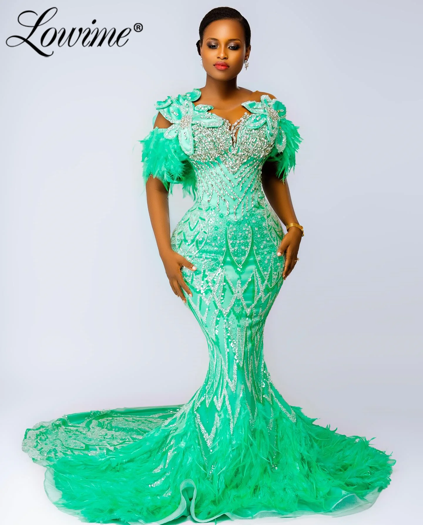 

2025 Aso Ebi, кристаллы, перья, платья русалки для выпускного вечера, расшитые блестками, африканские вечерние платья для второго приема, дня рождения, помолвки по индивидуальному заказу