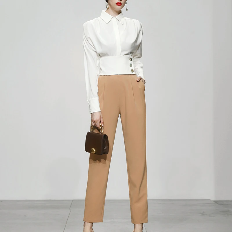 Autunno Ufficio OL Pantaloni Due Pezzi Set Nuove Donne Risvolto Collo Manica a Soffio Bottoni Camicia Sottile Bianca Top + Pantaloni Matita Formali Vestito