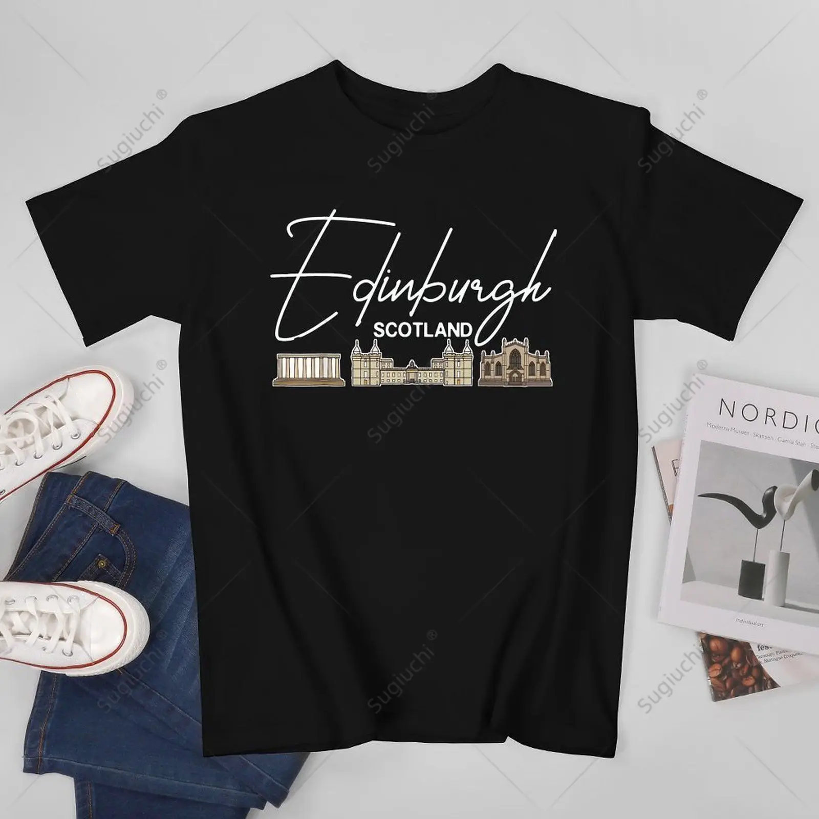 Unisex Men Edinburgh Scotland City Skyline Map Travel Tshirt Tees T Shirts Women Boys 100% Cotton T-Shirt