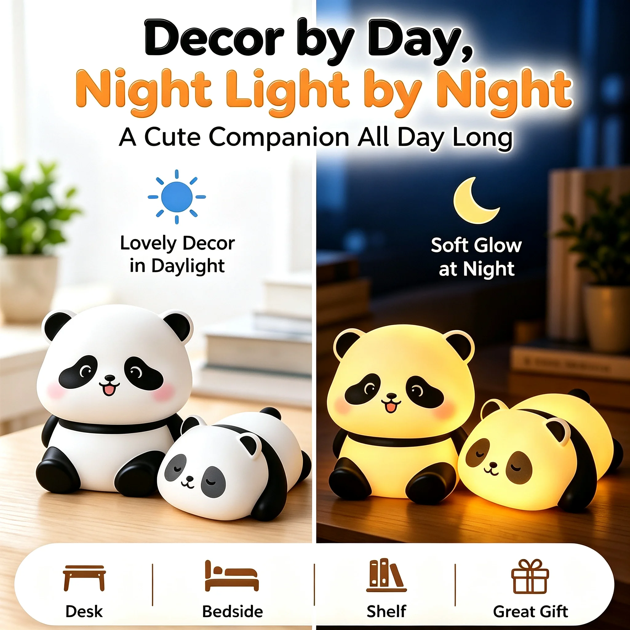 Creative Panda LED Night Lamp 2 Optional Styles Soft Warm Glow Bedroom Desk Decoration Portable Animal Night Light Party Gift