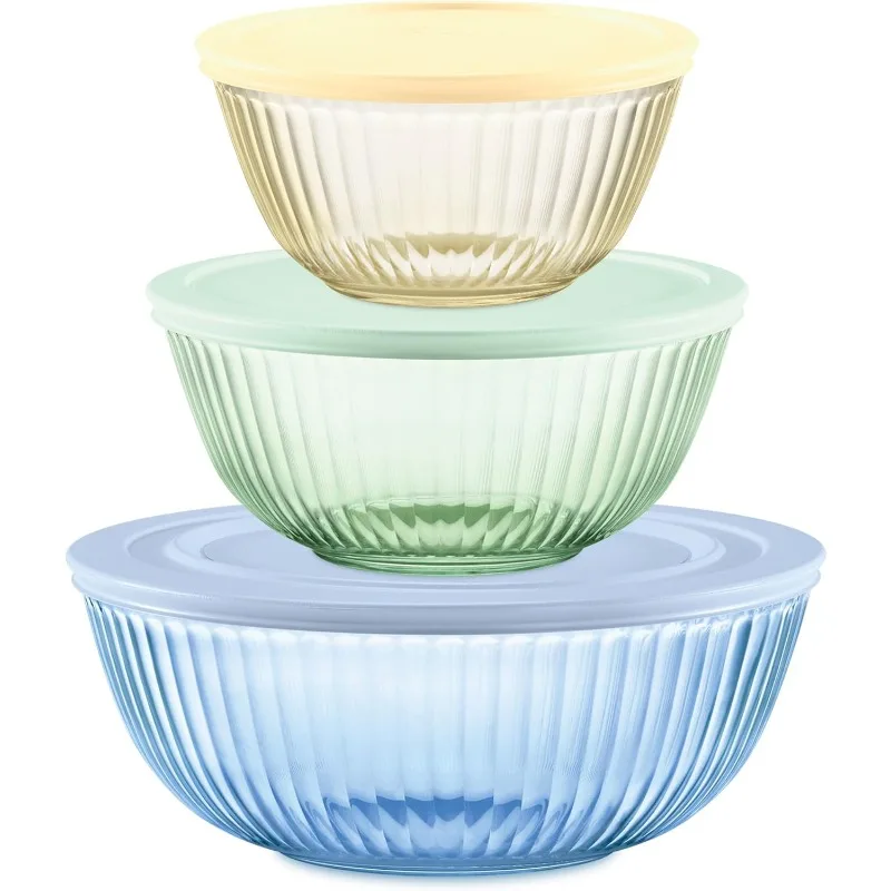 Colors (3-Pack, Full Set) Sculpted Tinted Glass Mixing Bowls With Lids, Nesting Space Saving Set of Bowls For Prepping