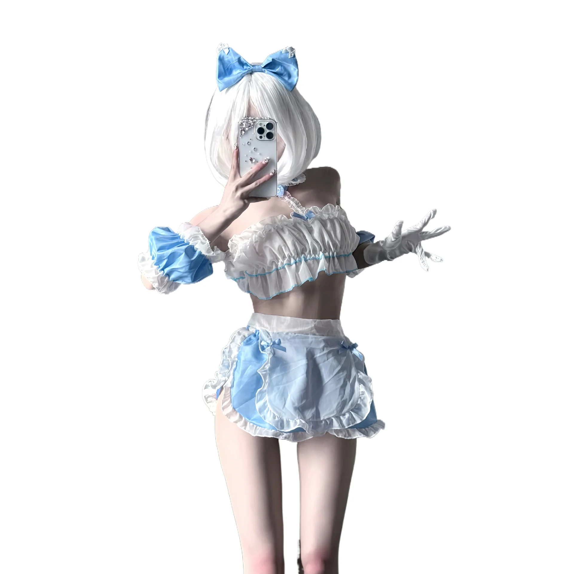 

Костюм для косплея: милый и соблазнительный наряд горничной в стиле Лолита, игривое белье, прозрачный топ, кавайная мини-юбка с рюшами, экзотический костюм