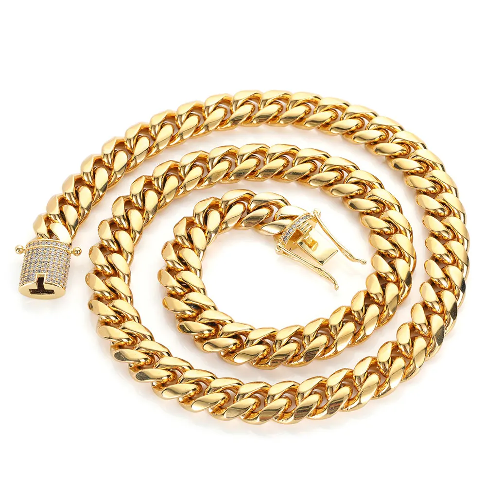 Wholesale Hip Hop Three Times Plated Stainless Steel Jewelry Iced Cadena Hombre Miami Cuban Link Chain Necklace For Men