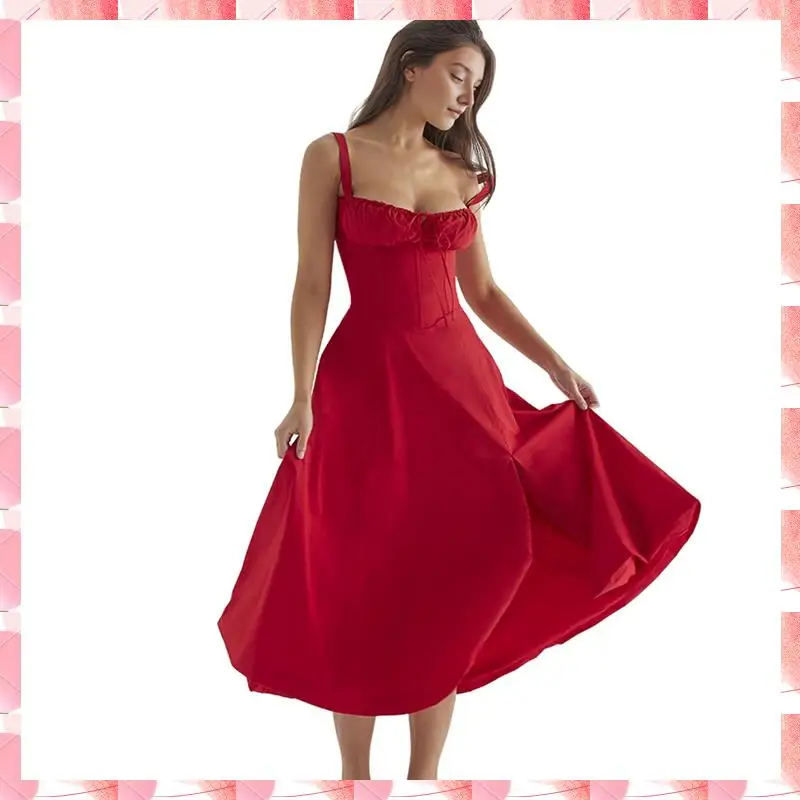 Women's Summer Midi Corset Boho Dresses Casual Spaghetti Straps Lace Up Dress Flowy Aline Beach Sundress