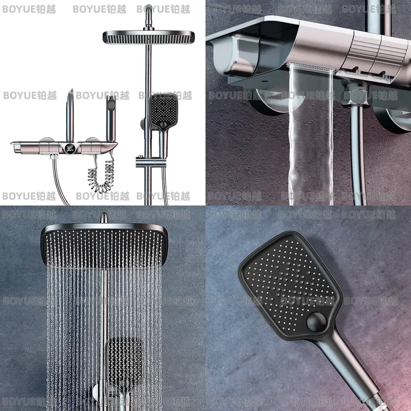 Grey Piano Key Thermostatic Shower Set Digital Display Rainfall Head Concealed Wall Mounted Bathroom Bathing System