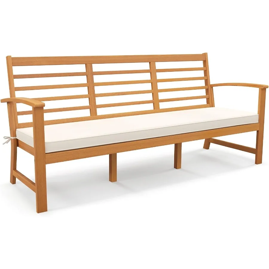 64 Inch Patio Acacia Wood Bench 3Seat Extra Long Chair with Cushion Slatted Seat Backrest 3Person Outdoor Wood Bench for Backya