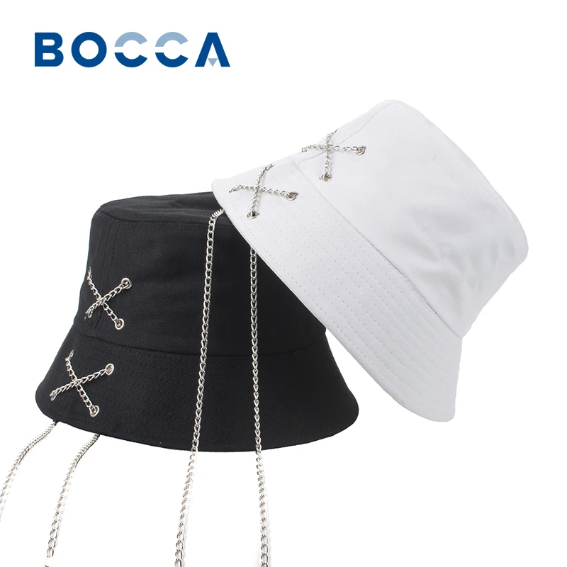 Bocca Y2K Bucket Hat With Chain Adjustable Fisherman Hats White Black Panama Cap For Men Women Cotton Hip Hop Outdoor Summer