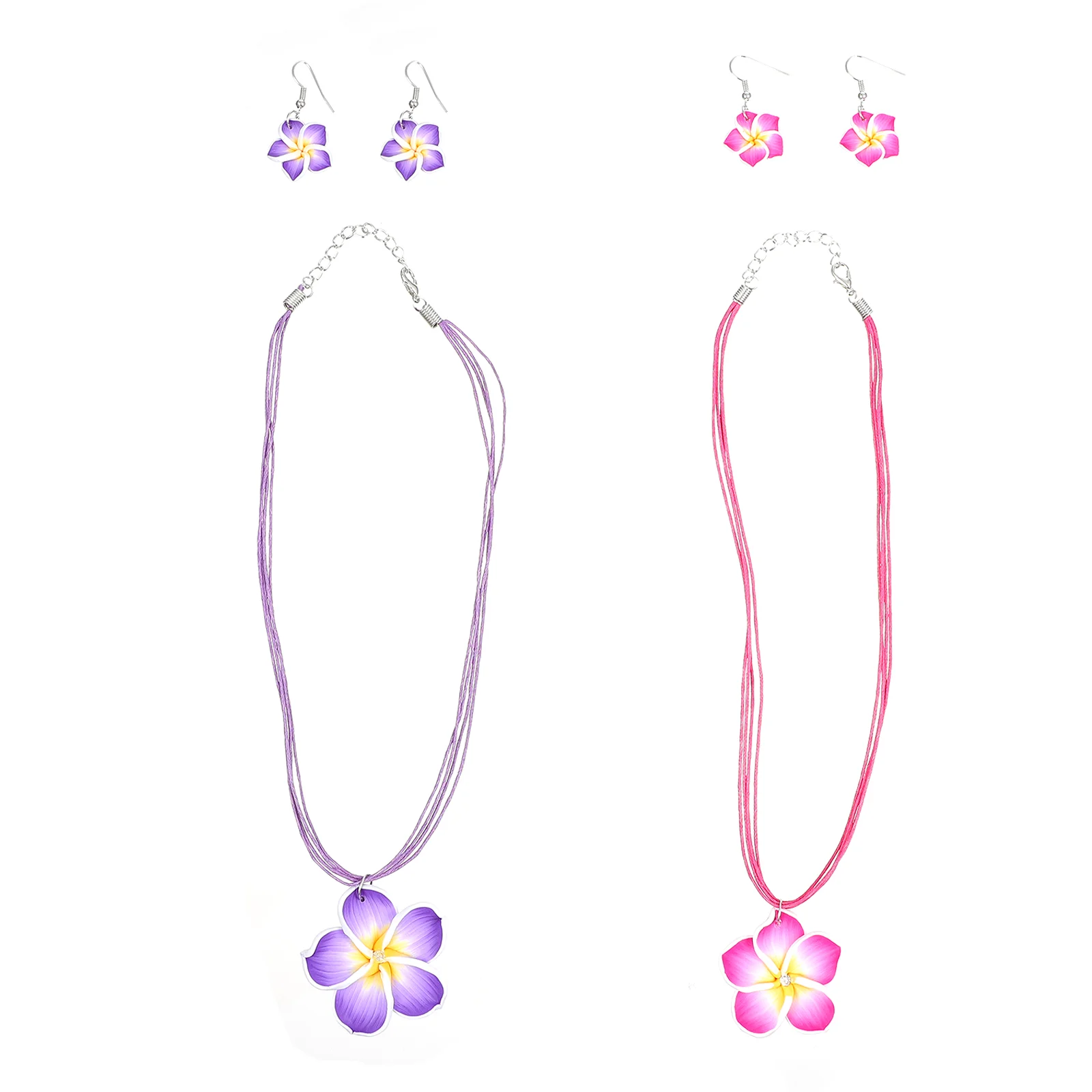 2 Sets Hawaiian Accessories Floral Jewelry Flower Earrings Luau Party Plumeria Frangipani Trendy Necklace Alloy